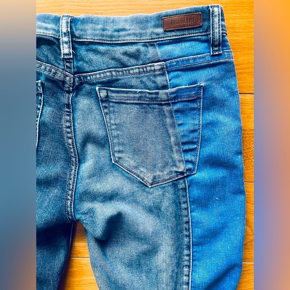 Blank NYC Colorblock Denim Jeans in Tetris Raw Hem Patches Cropped Mid Rise